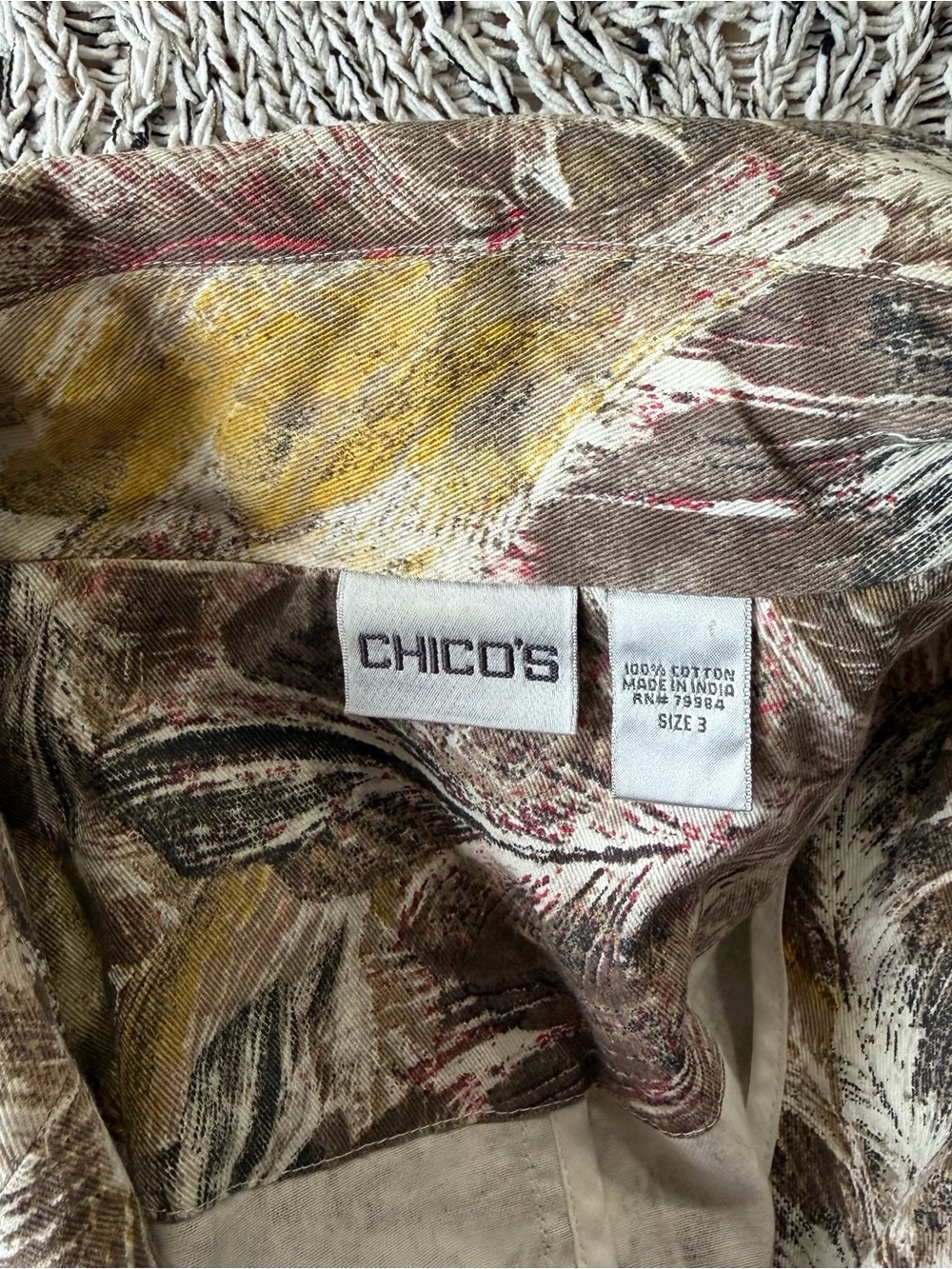 Chico's Multicolor Leaf-Print Jean Jacket — Brown, Red & Yellow - Picture 3 of 16